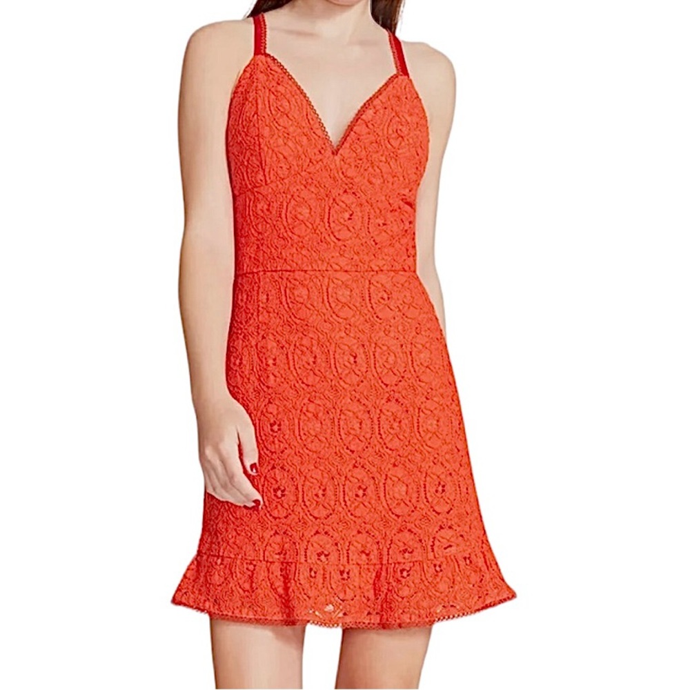 Betsey Johnson Orange Lace Fit & Flare Peasant Lined Mini Dress Ruffle Hemline